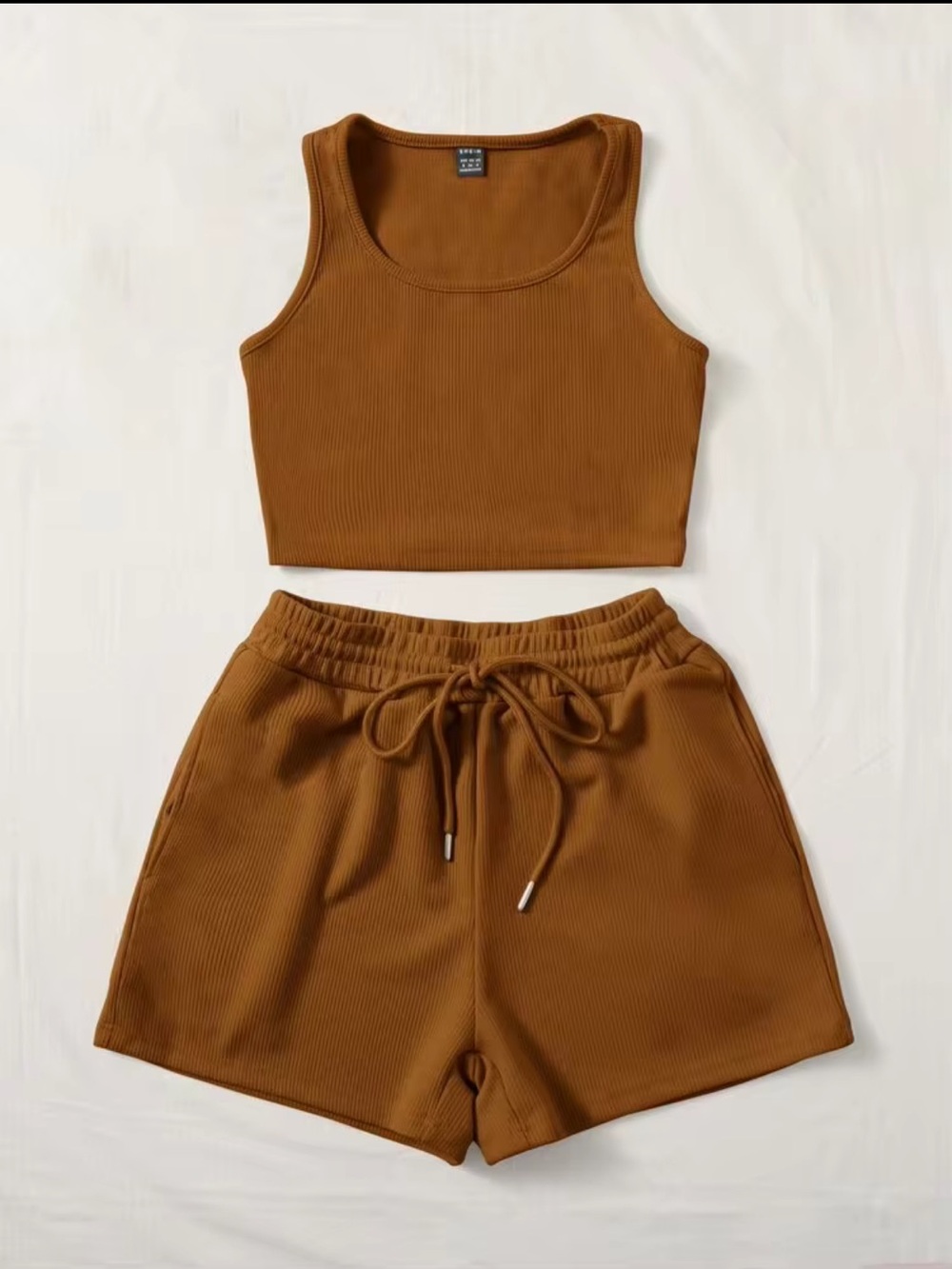 SHEIN Ribbed Drawstring Athletic Shorts in Brown